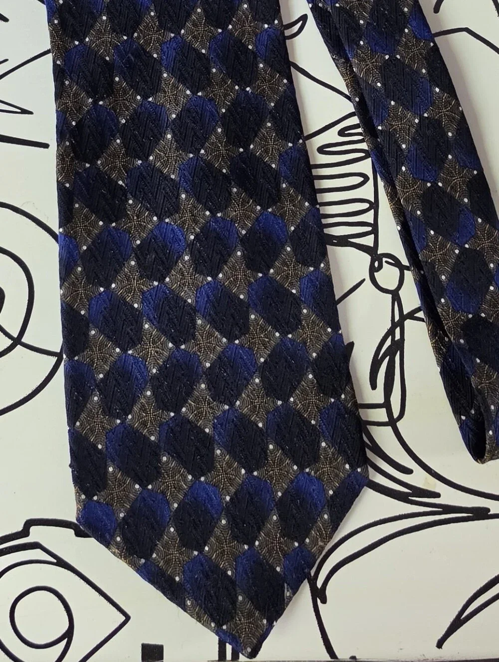 Vintage Format Silk Tie Blue Gold Diamond Geometric Long Necktie Made in Japan